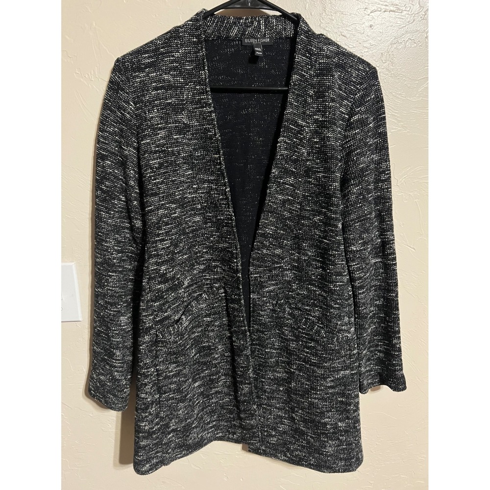 EILEEN FISHER PETITE Textured Knit Collarless Open Front Cardigan Sweater work